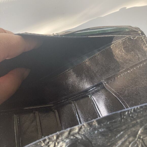 Vintage 70's Black LeatherTooled Embossed Long Wallet Boho South Western Mirror - Picture 12 of 16